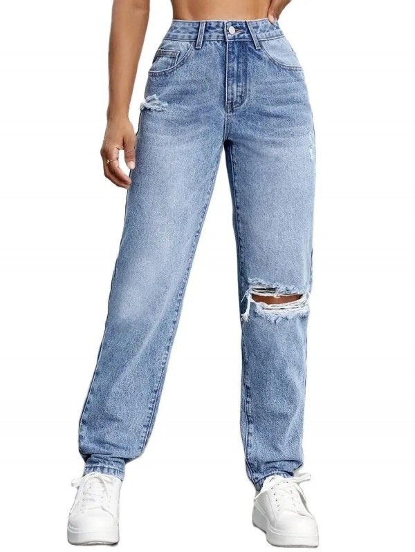 Jean déchiré taille haute automne 2023 pour femmes - Slim Denim jambe droite pantalon casual