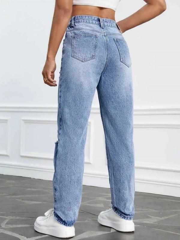 Jean déchiré taille haute automne 2023 pour femmes - Slim Denim jambe droite pantalon casual|28,79 €|OKKO MODE