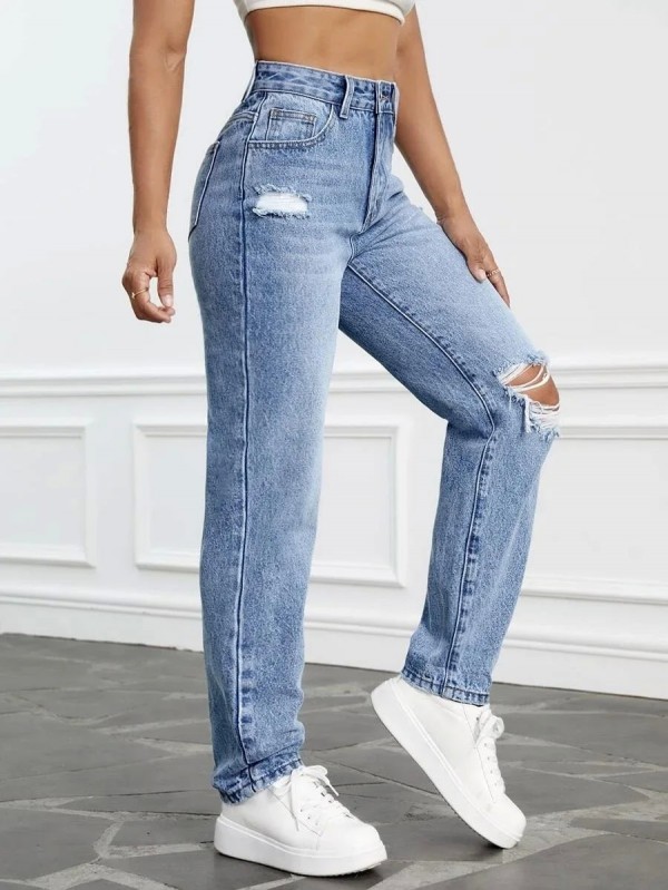 Jean déchiré taille haute automne 2023 pour femmes - Slim Denim jambe droite pantalon casual|28,79 €|OKKO MODE