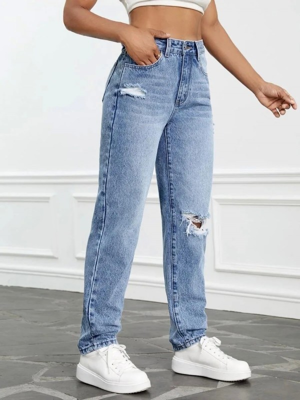 Jean déchiré taille haute automne 2023 pour femmes - Slim Denim jambe droite pantalon casual|28,79 €|OKKO MODE