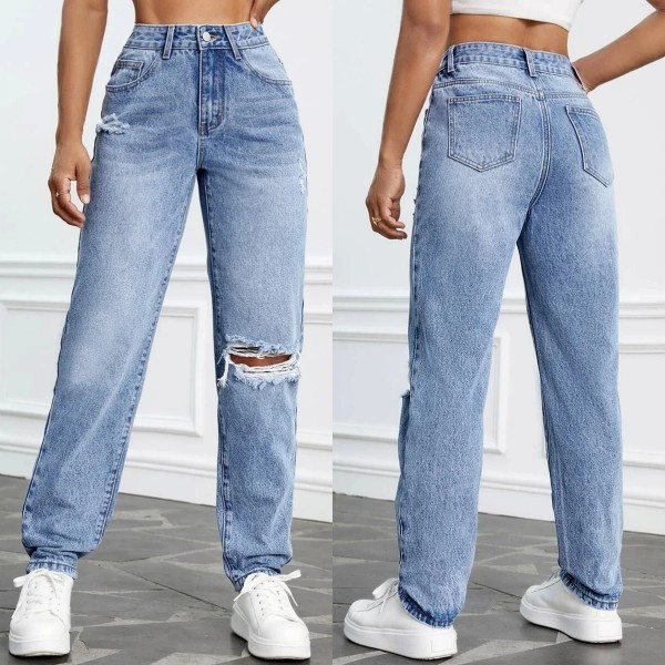 Jean déchiré taille haute automne 2023 pour femmes - Slim Denim jambe droite pantalon casual|28,79 €|OKKO MODE