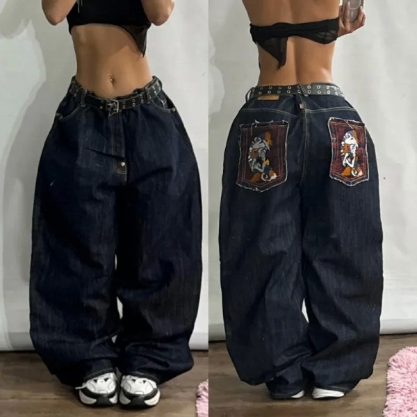 Jeans baggy taille haute à jambe large imprimé, pantalons streetwear retro|26,99 €|OKKO MODE