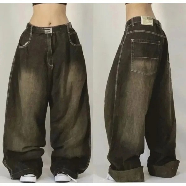 Jeans baggy taille haute à jambe large imprimé, pantalons streetwear retro|26,99 €|OKKO MODE