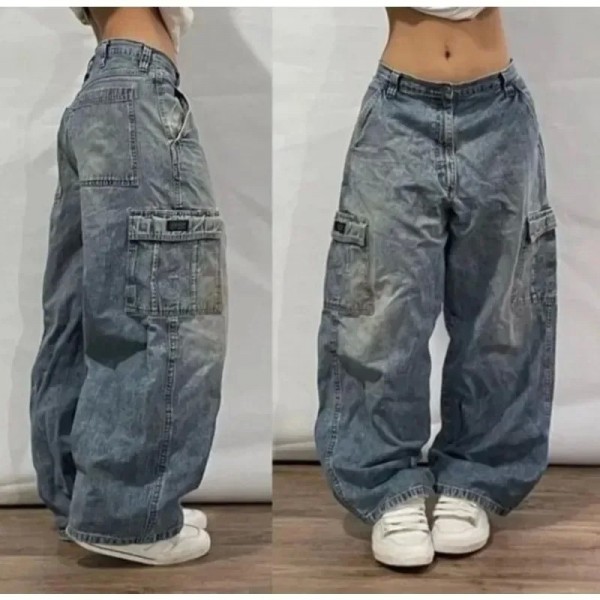 Jeans baggy taille haute à jambe large imprimé, pantalons streetwear retro|26,99 €|OKKO MODE