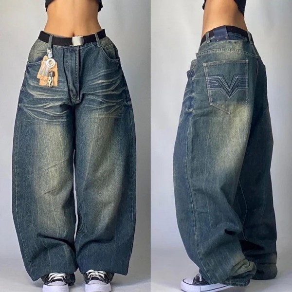 Jeans baggy taille haute à jambe large imprimé, pantalons streetwear retro|26,99 €|OKKO MODE