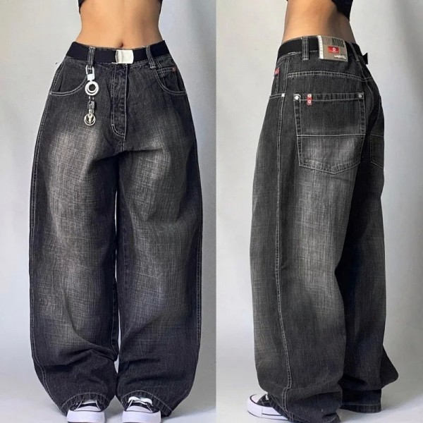 Jeans baggy taille haute à jambe large imprimé, pantalons streetwear retro|26,99 €|OKKO MODE