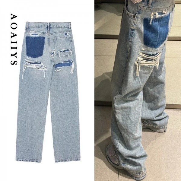 Jeans baggy taille haute pour femmes, pantalons en denim vintage, jeans déchirés à la mode Aadt FjPatchwork