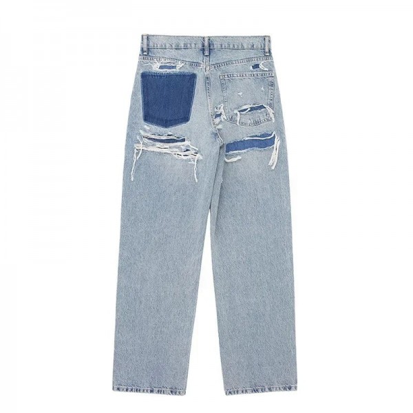 Jeans baggy taille haute pour femmes, pantalons en denim vintage, jeans déchirés à la mode Aadt FjPatchwork|41,39 €|OKKO MODE