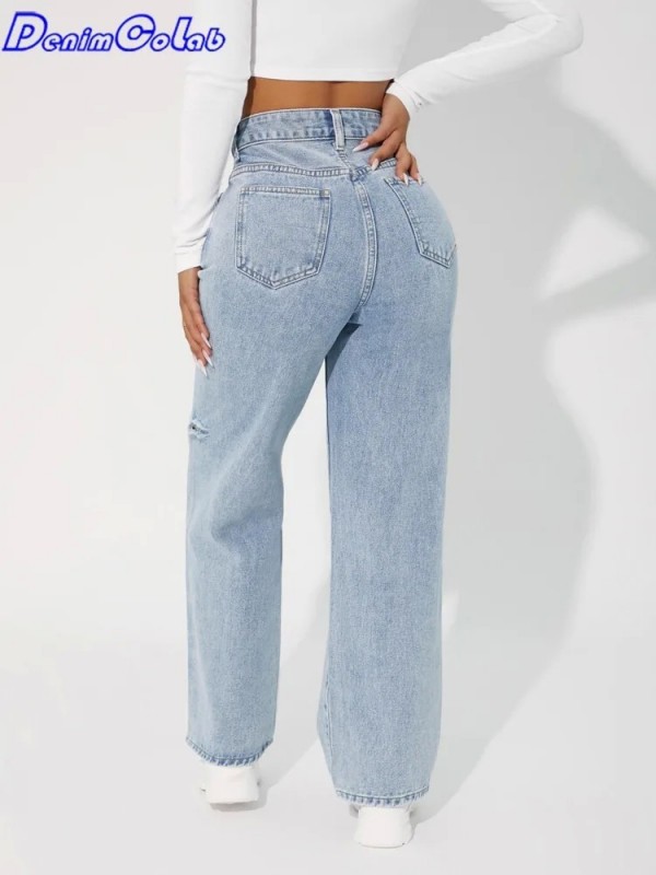 Jean taille haute pour femme, pantalon droit ample coupe droite à la mode troué genou Boy|29,69 €|OKKO MODE