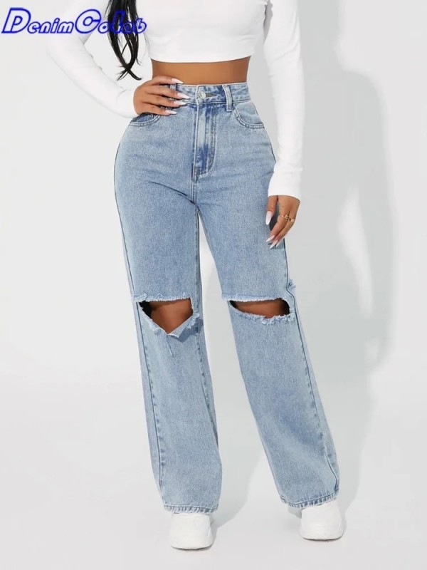 Jean taille haute pour femme, pantalon droit ample coupe droite à la mode troué genou Boy|29,69 €|OKKO MODE