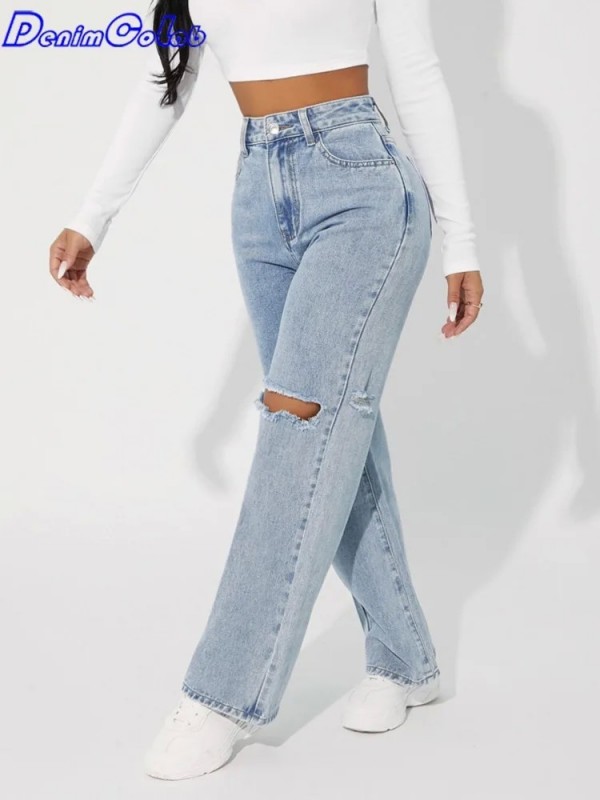 Jean taille haute pour femme, pantalon droit ample coupe droite à la mode troué genou Boy|29,69 €|OKKO MODE