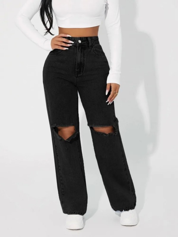 Jean taille haute pour femme, pantalon droit ample coupe droite à la mode troué genou Boy|29,69 €|OKKO MODE