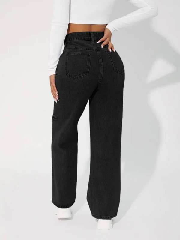 Jean taille haute pour femme, pantalon droit ample coupe droite à la mode troué genou Boy|29,69 €|OKKO MODE