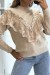 Pull  couleur taupe tout doux à col montant et volant brodé style rétro | 10,92 $ | OKKO MODE