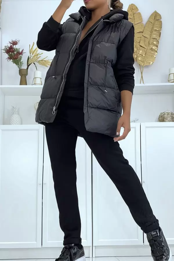 Conjunto de doudoune preto sem mangas com moletom e calça - 3 peças