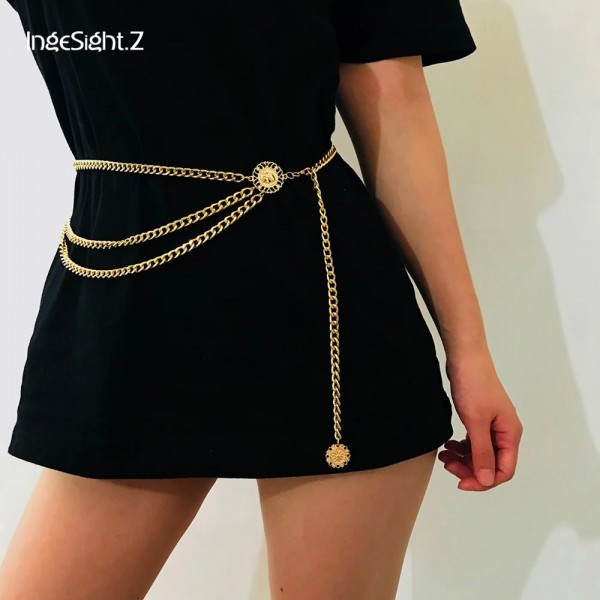 IngeSight.Z-Bijoux de ventre à pendentif rond pour femme, style bohème rétro, alliage multicouche
