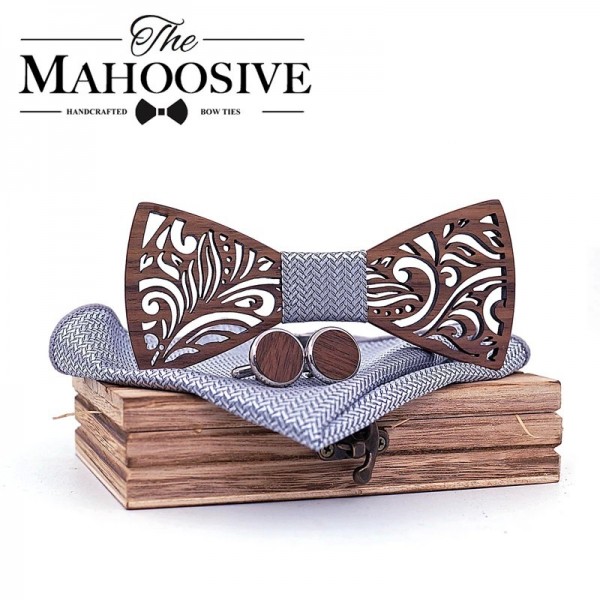 Ensemble noeud papillon en bois et mouchoir de poche pour hommes, cravate cadeau Noël