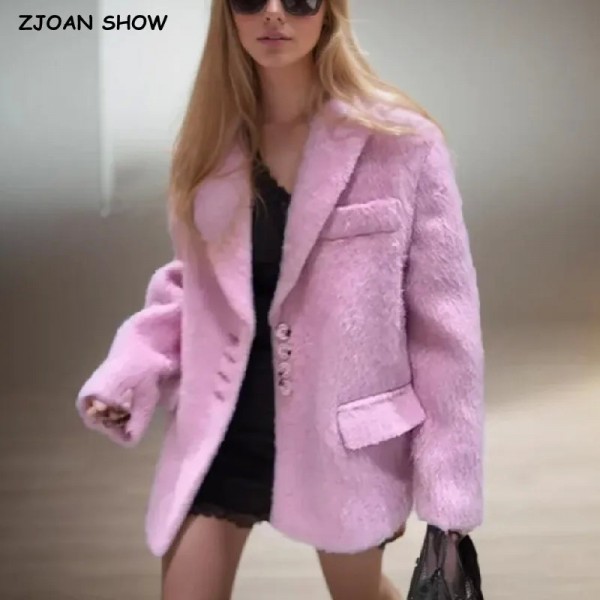 Women's Long Streetwear Vintage Blazer Coat in Trendy Pink