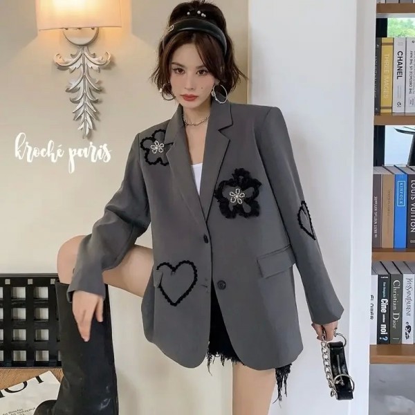 Blazer feminino vintage com mangas longas e bordado de flores