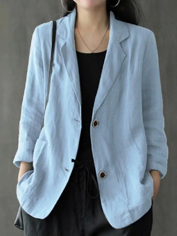 Damen Vintage Blazer mit umgekrempelten Reverskragen und langen Ärmeln aus Baumwolle - lässiger, solider Cardigan.