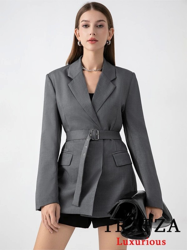 Blazer à Ceinture Gris Décontracté Femme, Col en V, Manches Sulf - Streetwear