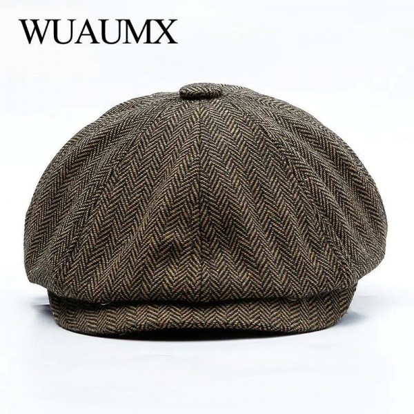 Casquette gavroche unisexe en tweed chaud - Chapeau octogonal rétro plate