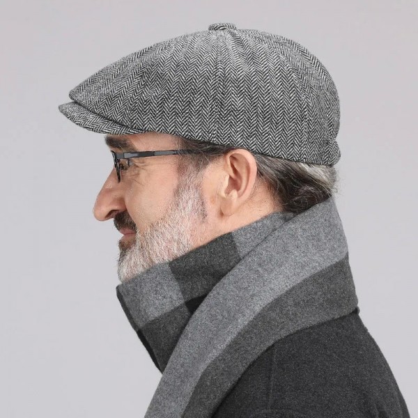 Béret britannique vintage en tweed pour hommes - casquette de rue à visière octogonale