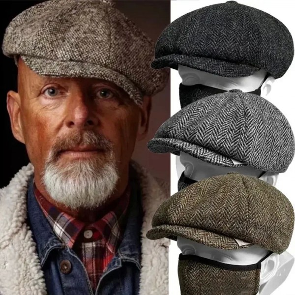 Béret octogonal en tweed pour hommes - Chapeau Newsboy retro