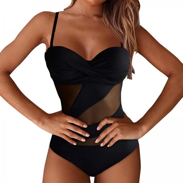 Retro Patchwork Ruched Tankini for Women - Mesh Swimwear