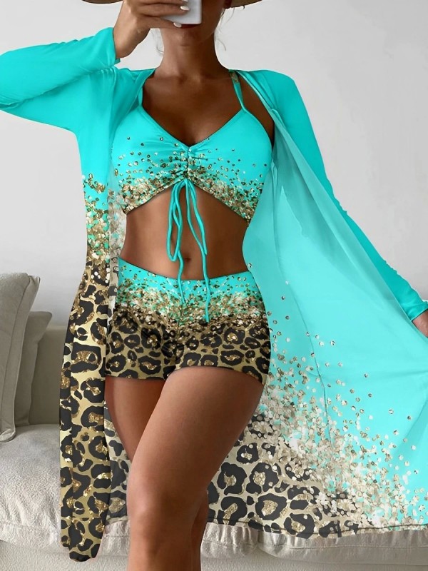 Ensemble bikini taille haute imprimé 3 pièces avec kimono