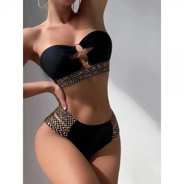 Zweiteiliger Damen-Badeanzug, sexy Bandeau-Top mit Blitzgürtel, Strandbekleidung für Schwimmen