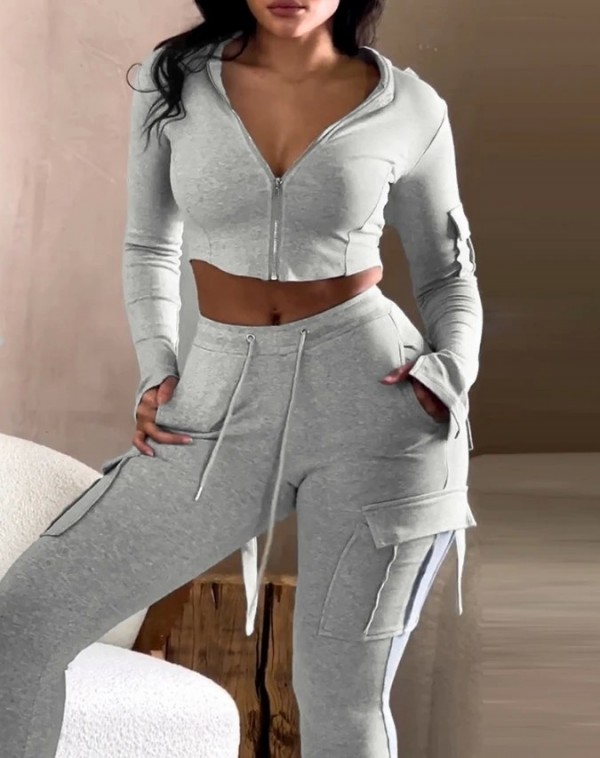 Sweat à capuche court à manches longues et pantalon de survêtement pour femme, coupe en V, ligne de taille, jogging cargo, ensem