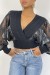 Pull cache coeur court noir avec manches bouffante en dentelle | 10,92 $ | OKKO MODE