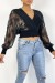 Pull cache coeur court noir avec manches bouffante en dentelle | 10,92 $ | OKKO MODE