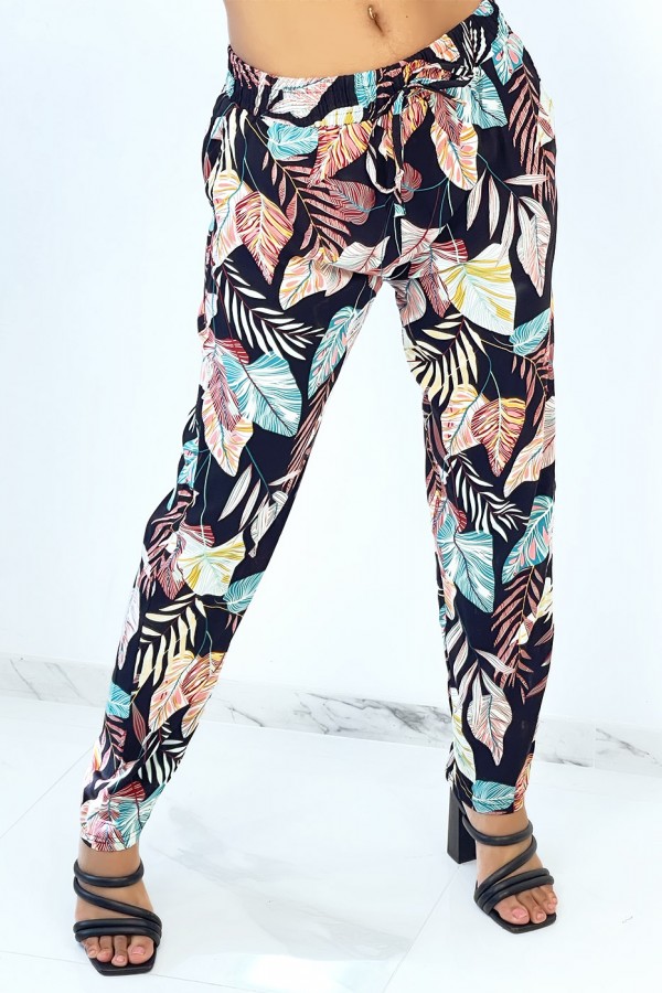 Pantalón negro estampado pluma multicolor
