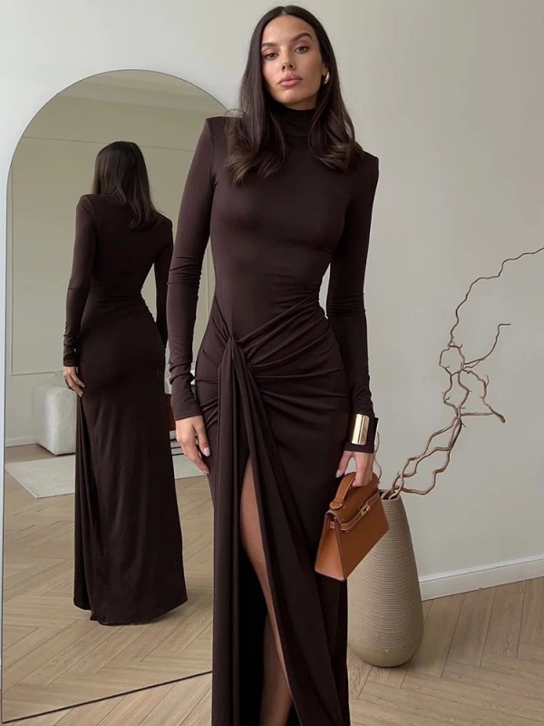 Vestido longo de manga comprida com gola alta em preto ou castanho, S, M, L, fibra natural