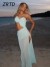 Elegant blue long dress with slit for women, evening wear and summer vacation | €17.01 | OKKO MODE