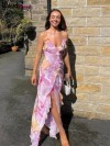 Robe d'été à imprimé floral pour femme, sans bretelles fendus et dos nu, rose