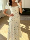 Robe mi-longue d'été manches courtes bouffantes imprimé fleuri robe trapèze élégante fluide