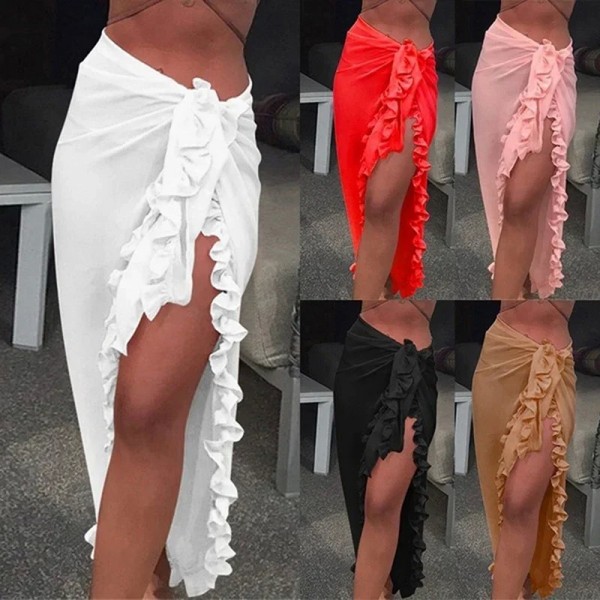 Chiffon Beach Bikini Cover-Up Scarf Solid Ruffle Sarong Dress