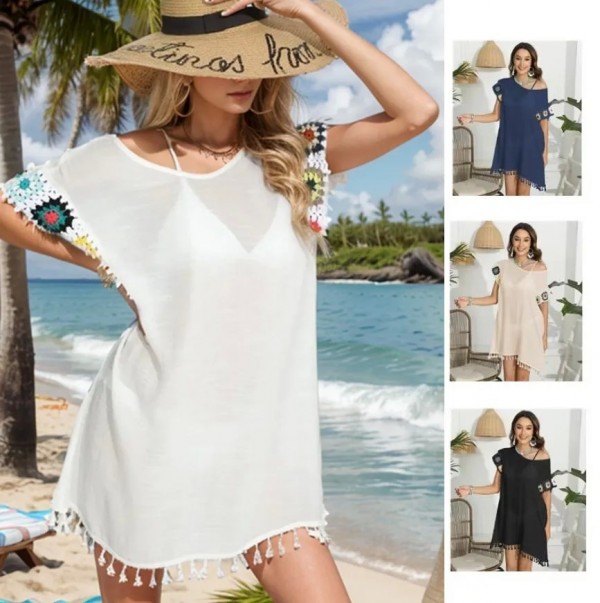 2025 Summer White Knit Beach Cover-Up with Tassels and Crochet - Women's Casual Swimwear Outfit