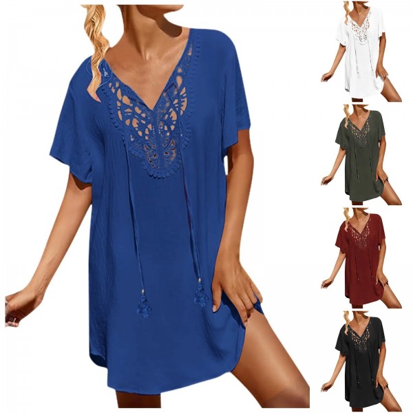 Frauen Badeanzug Häkeln V-Ausschnitt Cover-Up Kleid Pareo Strand Bikini Abdeckung Ups