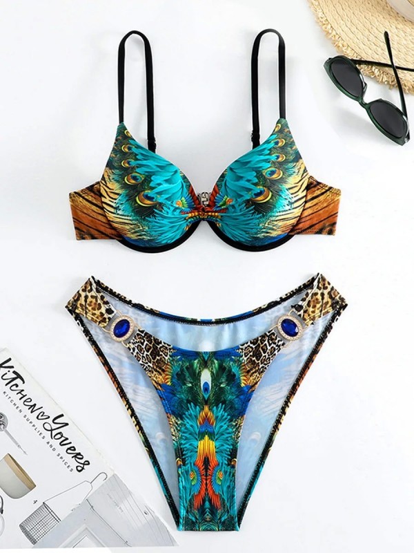 Bikini estampado leopardo y pavo real, push-up con aros