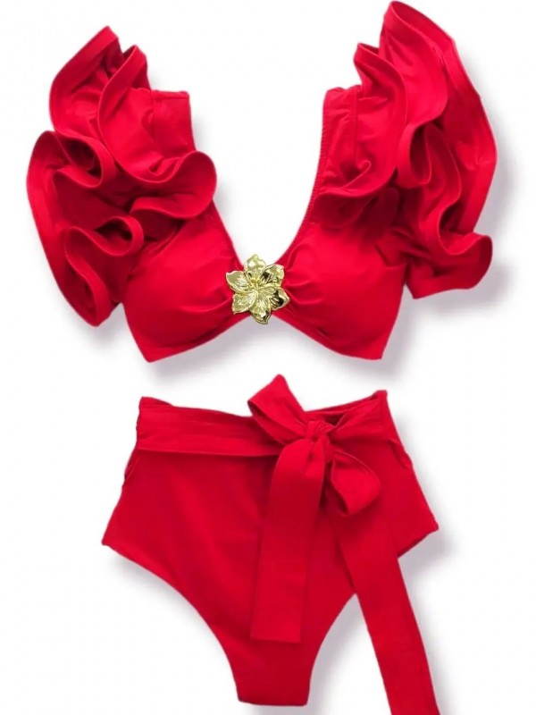 2024 nouveau Sexy brésilien Bikini ensemble à volants maillots de bain femmes Push Up maillot de bain taille haute imprimé fleur