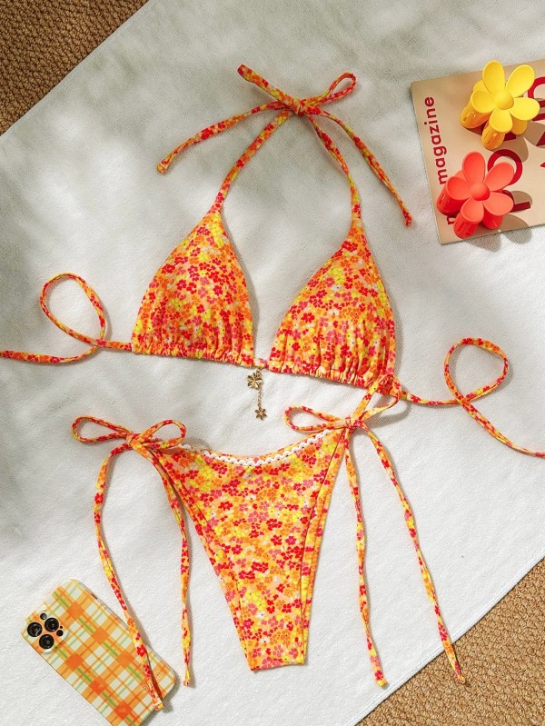 Maillot de bain sexy à imprimé fleuri orange, bikini en métal, design de fleurs, push-up, micro, brésilien, culotte tanga latéra