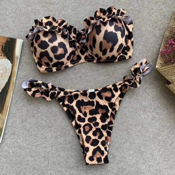 Maillot de bain deux pièces imprimé léopard pour femme, bikini sexy, soutien-gorge push-up, taille basse, sans bretelles, vêteme