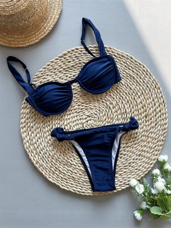 Navy Blue Pleated Brazilian Bikini Set for Women