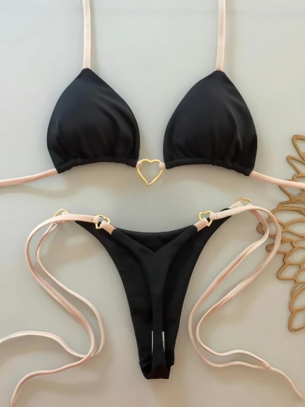 Low Rise Bikini Set for Women - Solid Color Strappy Swimsuit