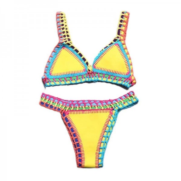Maillot de bain 2 pièces tricoté à la main pour femme, bikini, crocheté, patchwork, réversible, col licou, brésilien, string tre