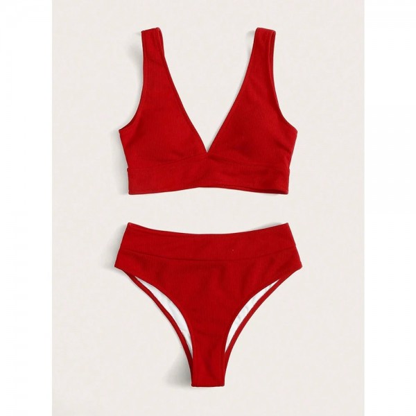 Zweiteiliger Push-Up-Badeanzug für Damen, Textur in Unifarben, Strandkleidung mit hoher Taille